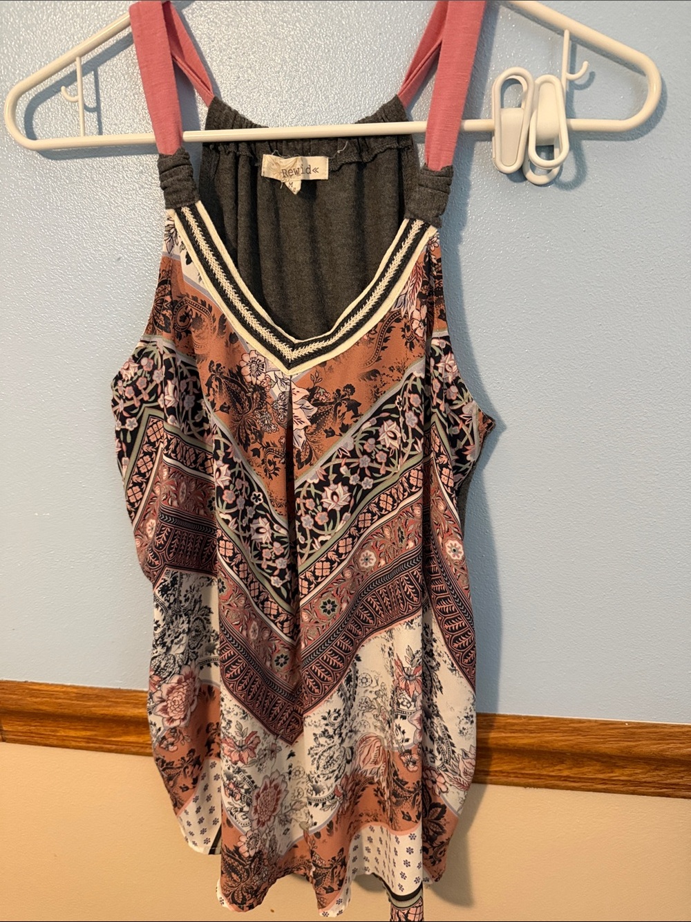 Rewind Multi-Color Floral Border Print Tank with Pink Straps size Medium